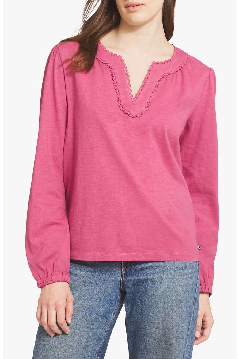 Crochet Trim Split Neck Cotton Top, Main, color, ROSE WINE
