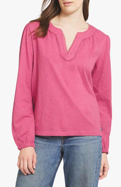 Crochet Trim Split Neck Cotton Top