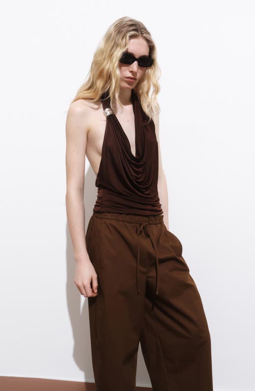 Mango Paperbag Wide Leg Cotton Poplin Pants In Brown