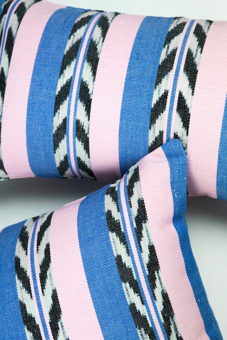 Palm Ikat Striped Pink and Blue Handwoven Cotton Rectangle Pillow, Alternate, color, Blue and Pink