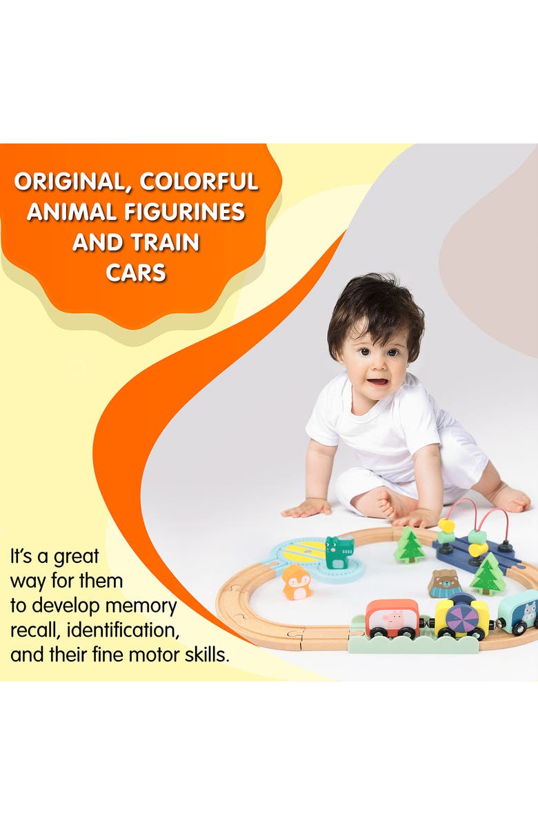 Leo & Friends Wooden Railway Jungle 22-Piece Animal Set, Magnetic Train Cars and Puzzle Railway Pieces Included, Alternate, color, Blue