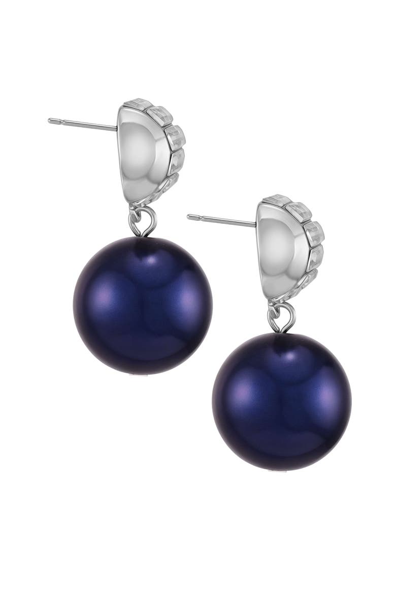 Pearl Drop Earrings with Baguette Accents, Alternate, color, Silver Tone