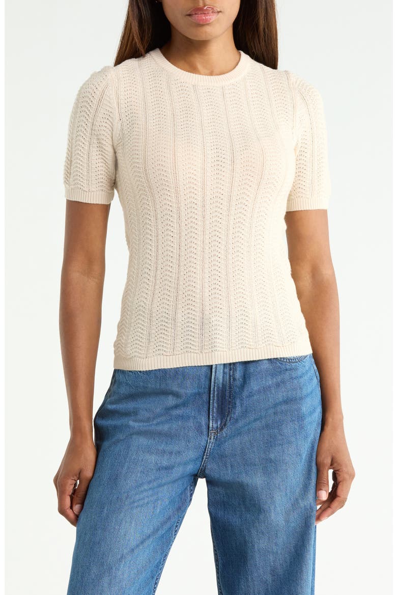 Francesca Pointelle Short Sleeve Merino Wool Sweater, Main, color, OATMEAL