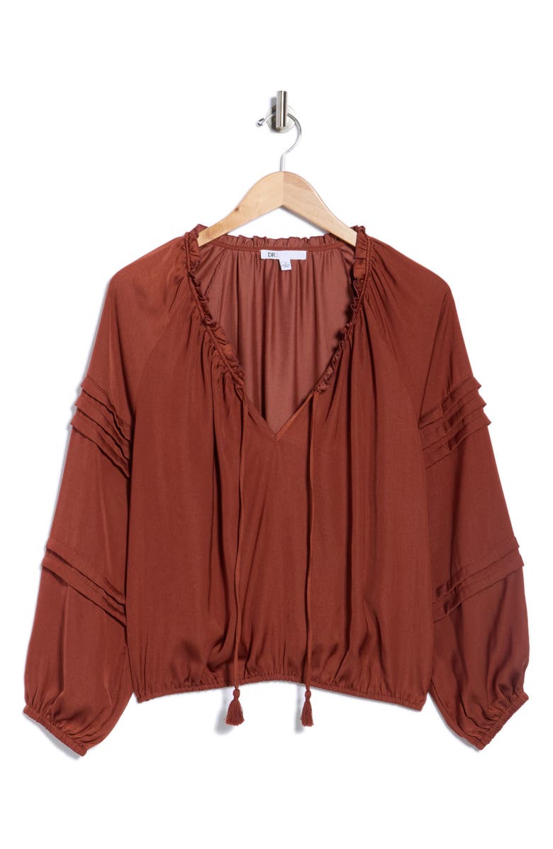 DR2 by Daniel Rainn Long Sleeve Tie Front Satin Top, Alternate, color, Brick