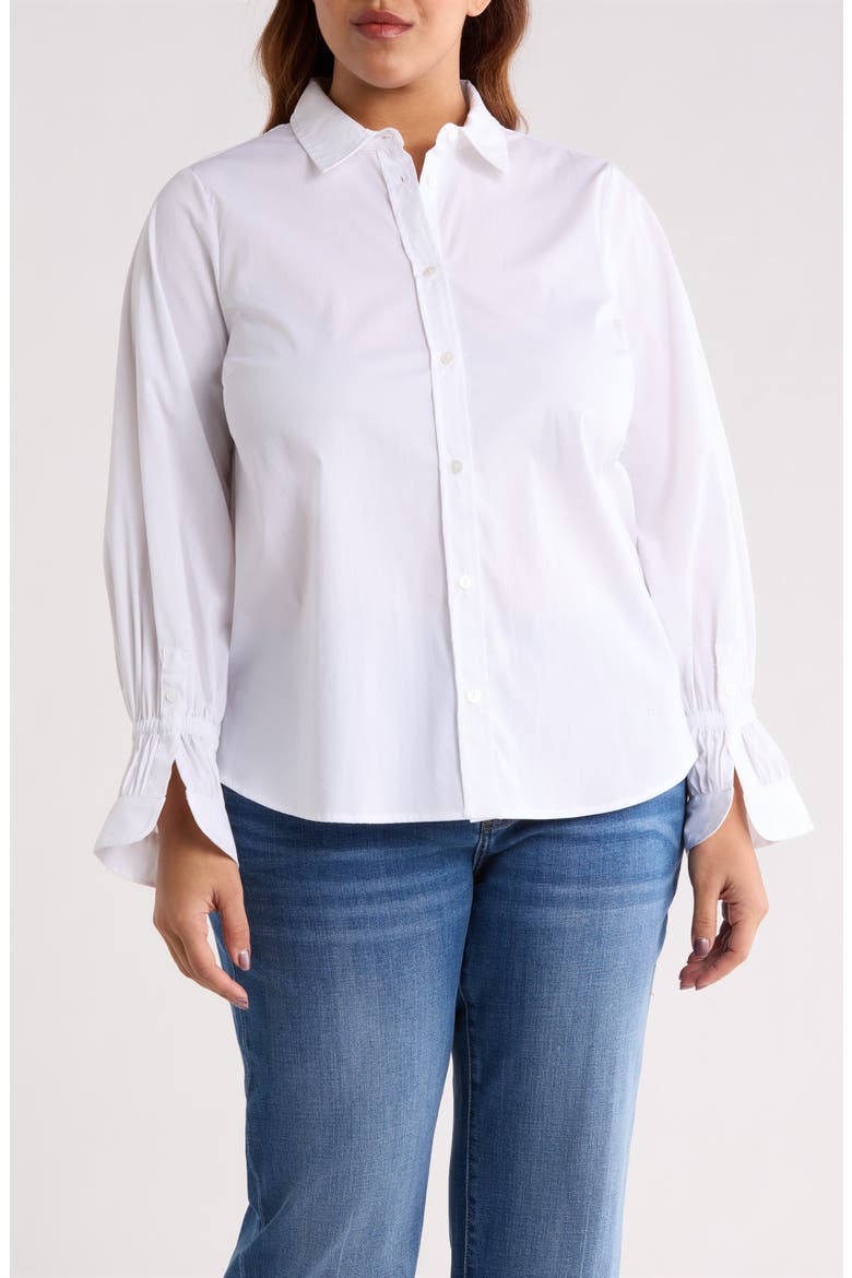 Smock Sleeve Cuff Cotton Poplin Button-Up Shirt, Main, color, WHITE