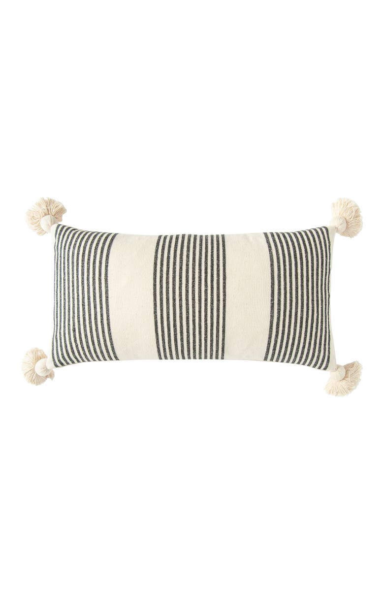 Storied Home Cotton and Chenille Woven Striped Lumbar Pillow with Tassels, Black and Cream, Main, color, Black