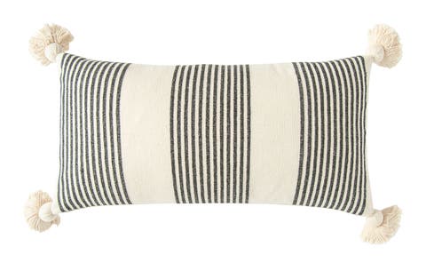 Cotton and Chenille Woven Striped Lumbar Pillow with Tassels, Black and Cream