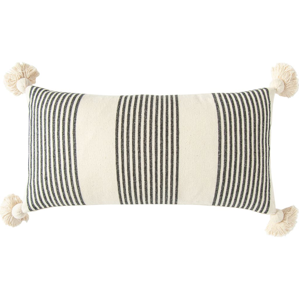 Storied Home Cotton And Chenille Woven Striped Lumbar Pillow With Tassels, Black And Cream In Black