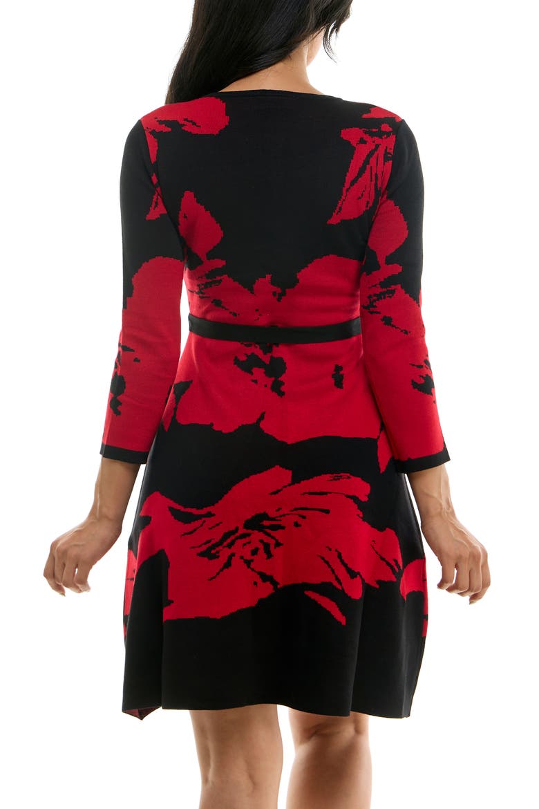 Jacquard Fit & Flare Sweater Dress, Alternate, color, BLACK/ RED