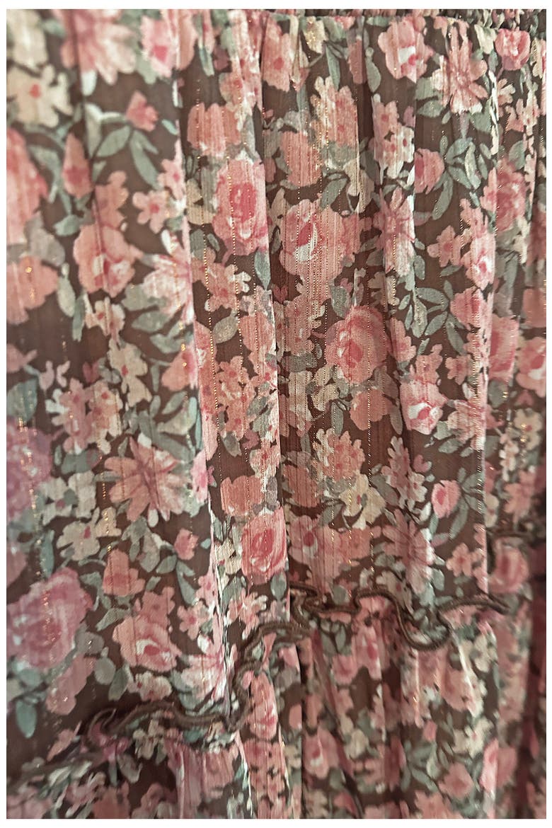 Kids' Metallic Smocked Bodice Flutter Sleeve Tiered Chiffon Maxi Dress, Alternate, color, MOCHA