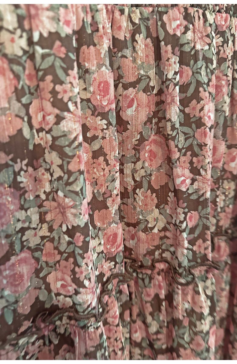 Zunie Kids' Metallic Smocked Bodice Flutter Sleeve Tiered Chiffon Maxi Dress, Alternate, color, Mocha