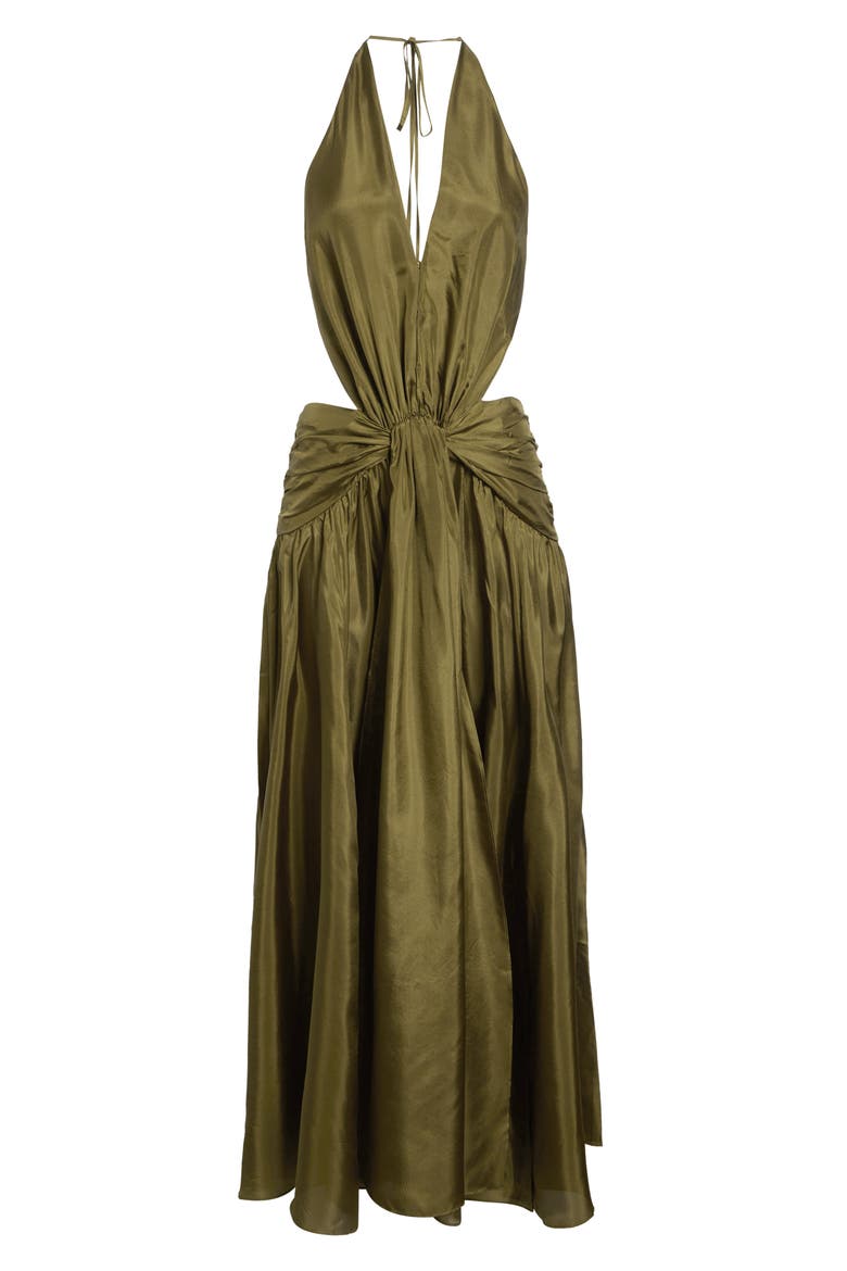 Indra Plunge Halter Silk Maxi Dress, Alternate, color, OLIVE