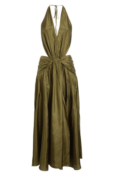 Indra Plunge Halter Silk Maxi Dress (Regular & Petite)