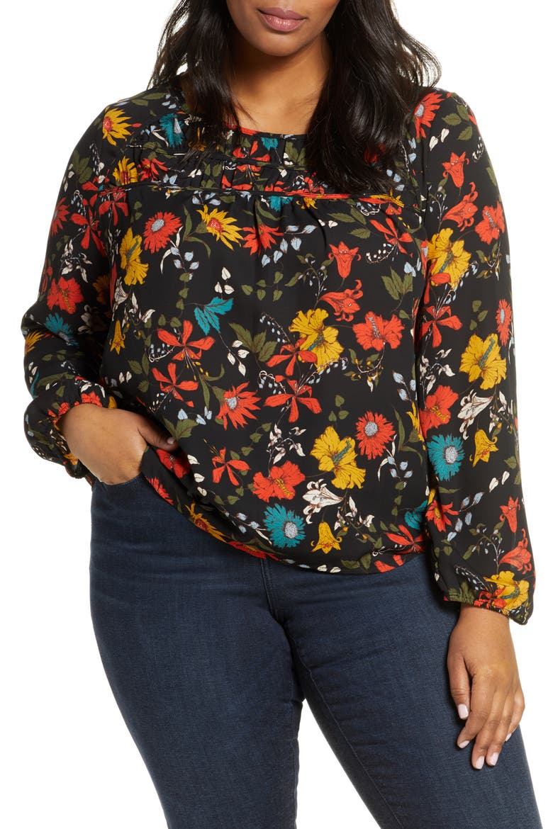 Gibson Ruched Yoke Top, Main, color, BLACK MULTI FLORAL