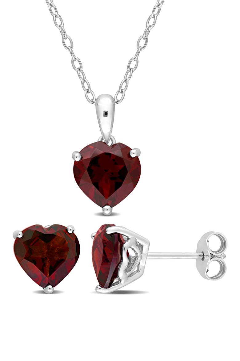 Sterling Silver Garnet Heart Stud Earrings & Necklace Set, Main, color, RED