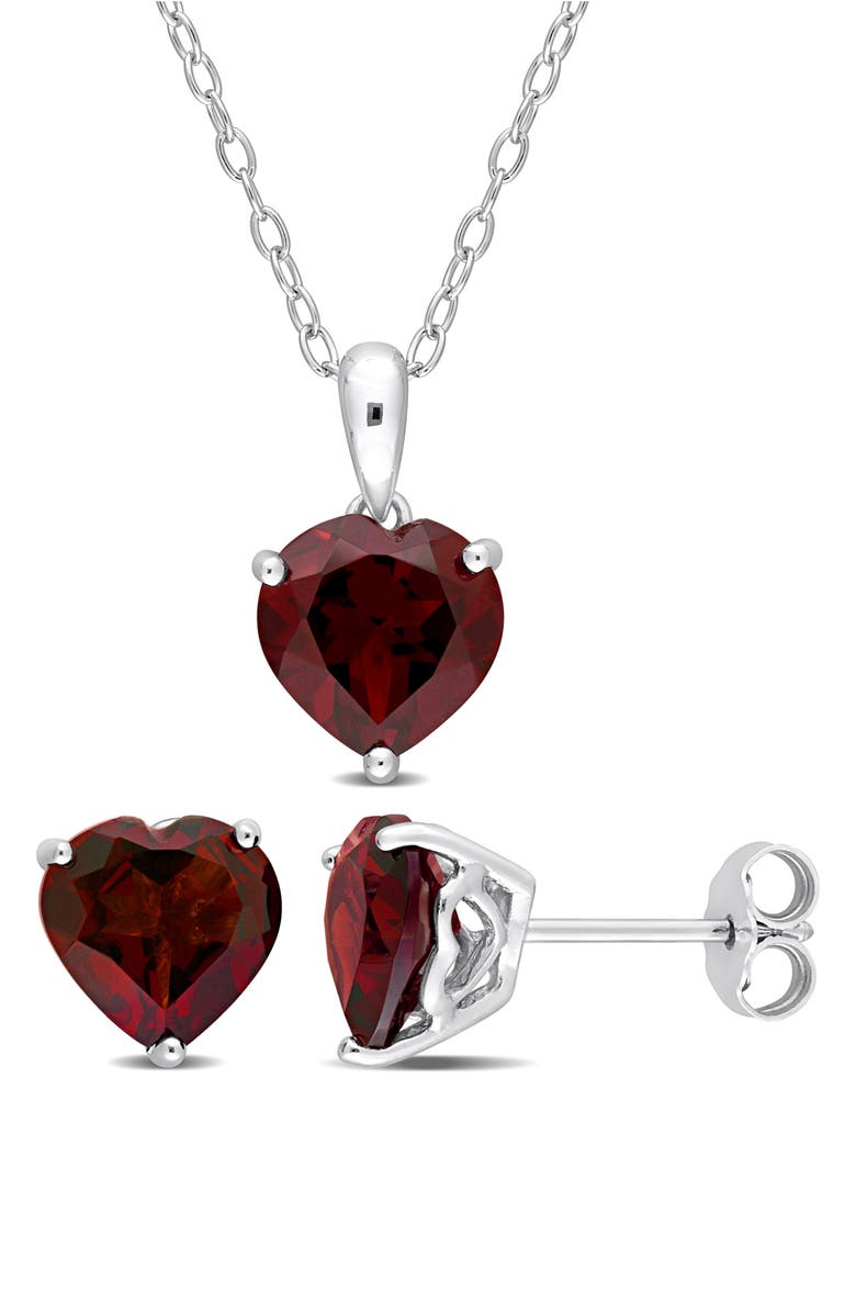 DELMAR Sterling Silver Garnet Heart Stud Earrings & Necklace Set, Main, color, Red
