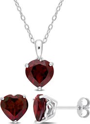 DELMAR Sterling Silver Garnet Heart Stud Earrings & Necklace Set