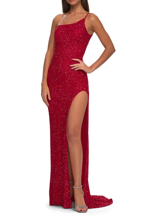 La Femme Elegant Soft Sequin One Shoulder Long Dress In Red