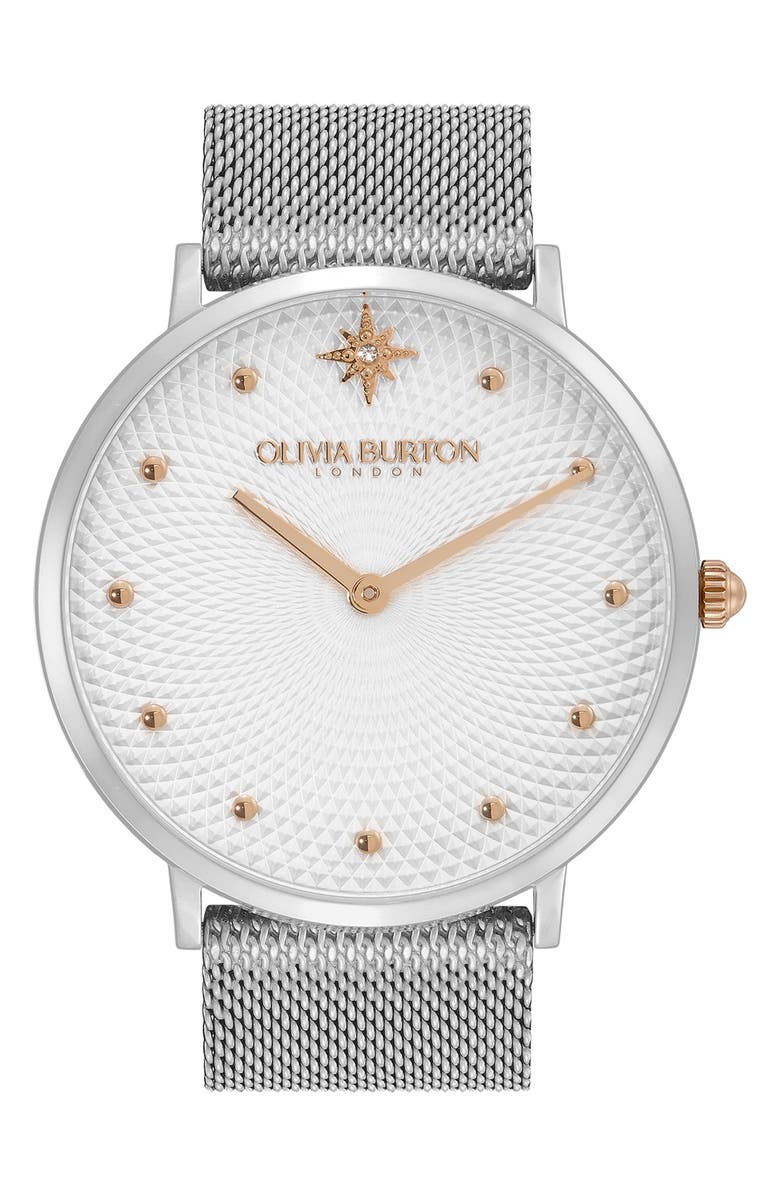 Olivia Burton Celestial Mesh Strap Watch, 40mm, Main, color, Silver