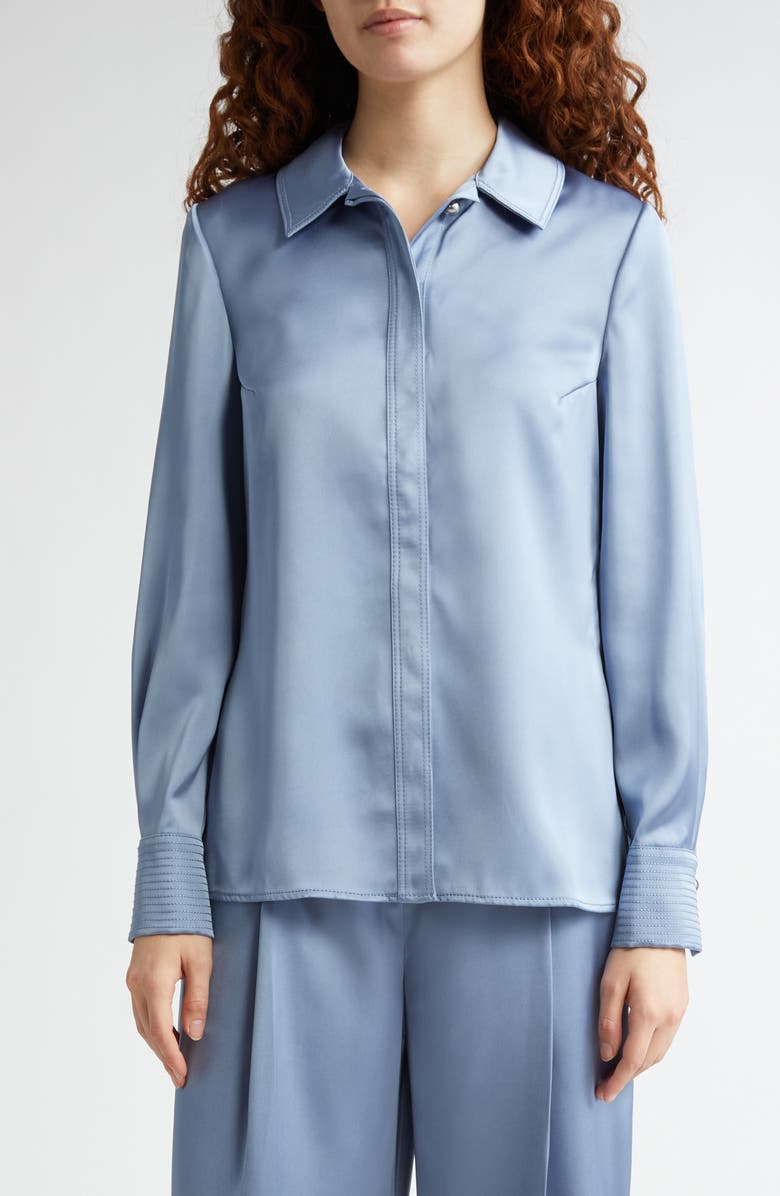 Stine Goya Collared Fitted Recycled Polyester Satin Button-Up Shirt, Main, color, 