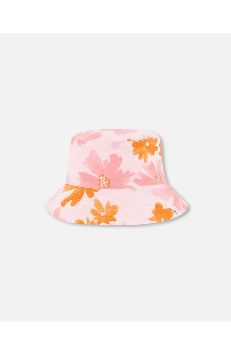 Deux par Deux Little Girl's Printed Muslin Bucket Hat Pink And Coral Flowers, Main, color,