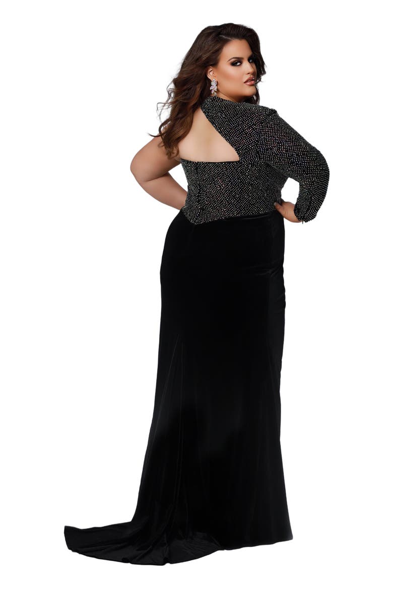 One Shoulder Long Sleeve Plus Size Evening Gown, Main, color, Caviar