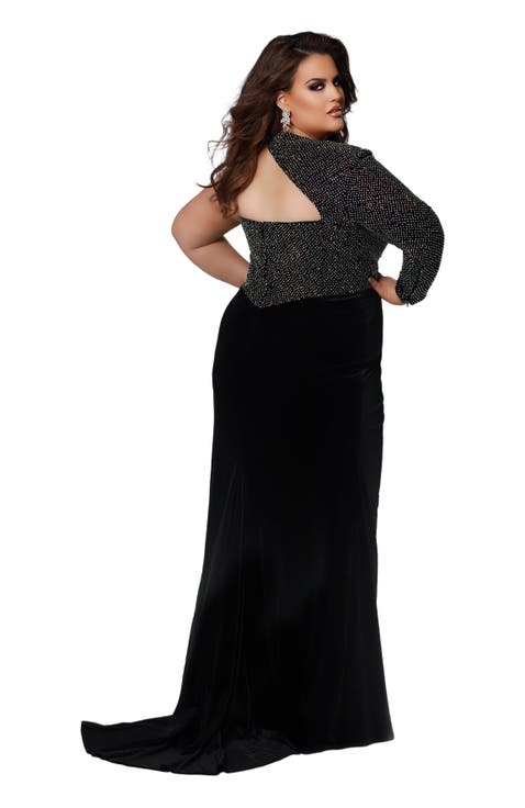 One Shoulder Long Sleeve Plus Size Evening Gown