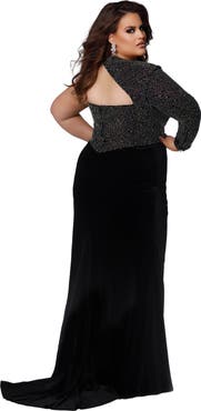 Johnathan Kayne for Sydney's Closet One Shoulder Long Sleeve Plus Size Evening Gown