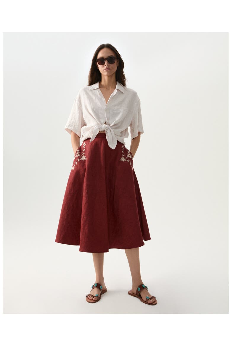 Nicole Embroidered Linen Skirt, Alternate, color, Burgundy