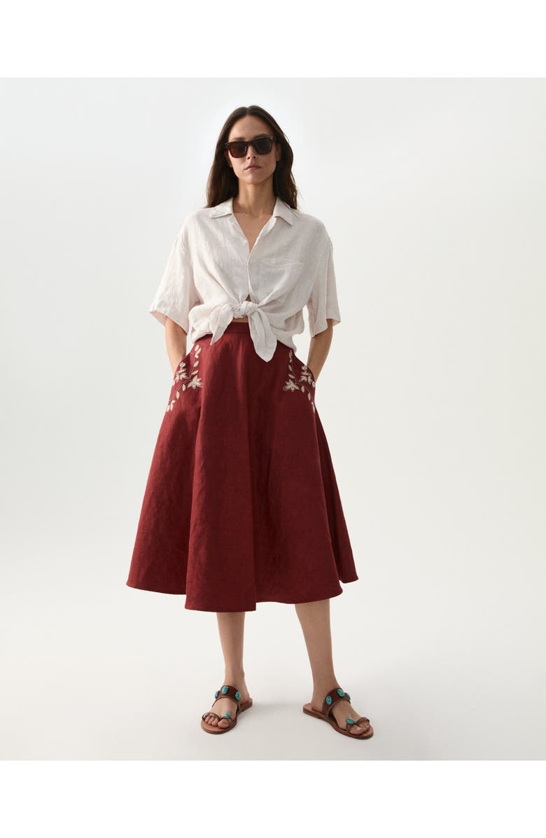 Fortela Nicole Embroidered Linen Skirt, Alternate, color, Burgundy