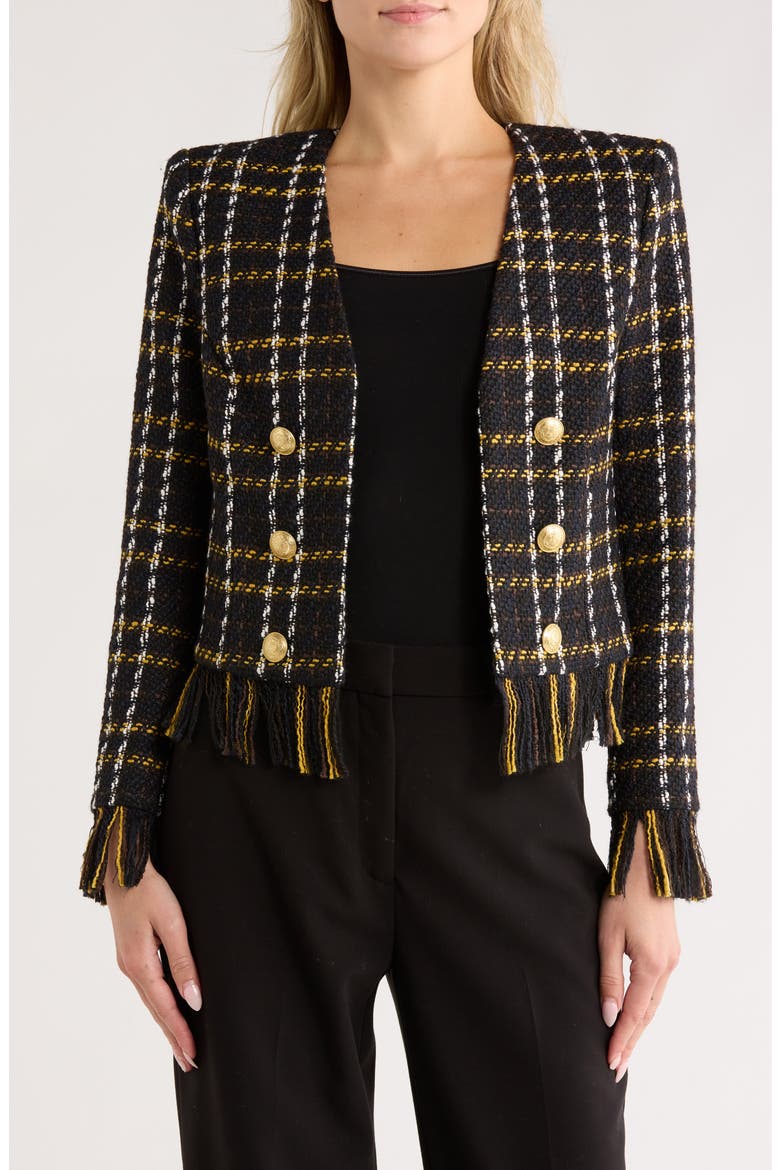 Belmont Fringe Tweed Jacket, Main, color, BLACK YELLOW MULTI PLAID