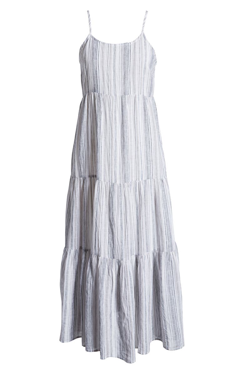 beachlunchlounge Lana Stripe Linen & Cotton Tiered Midi Sundress, Alternate, color,