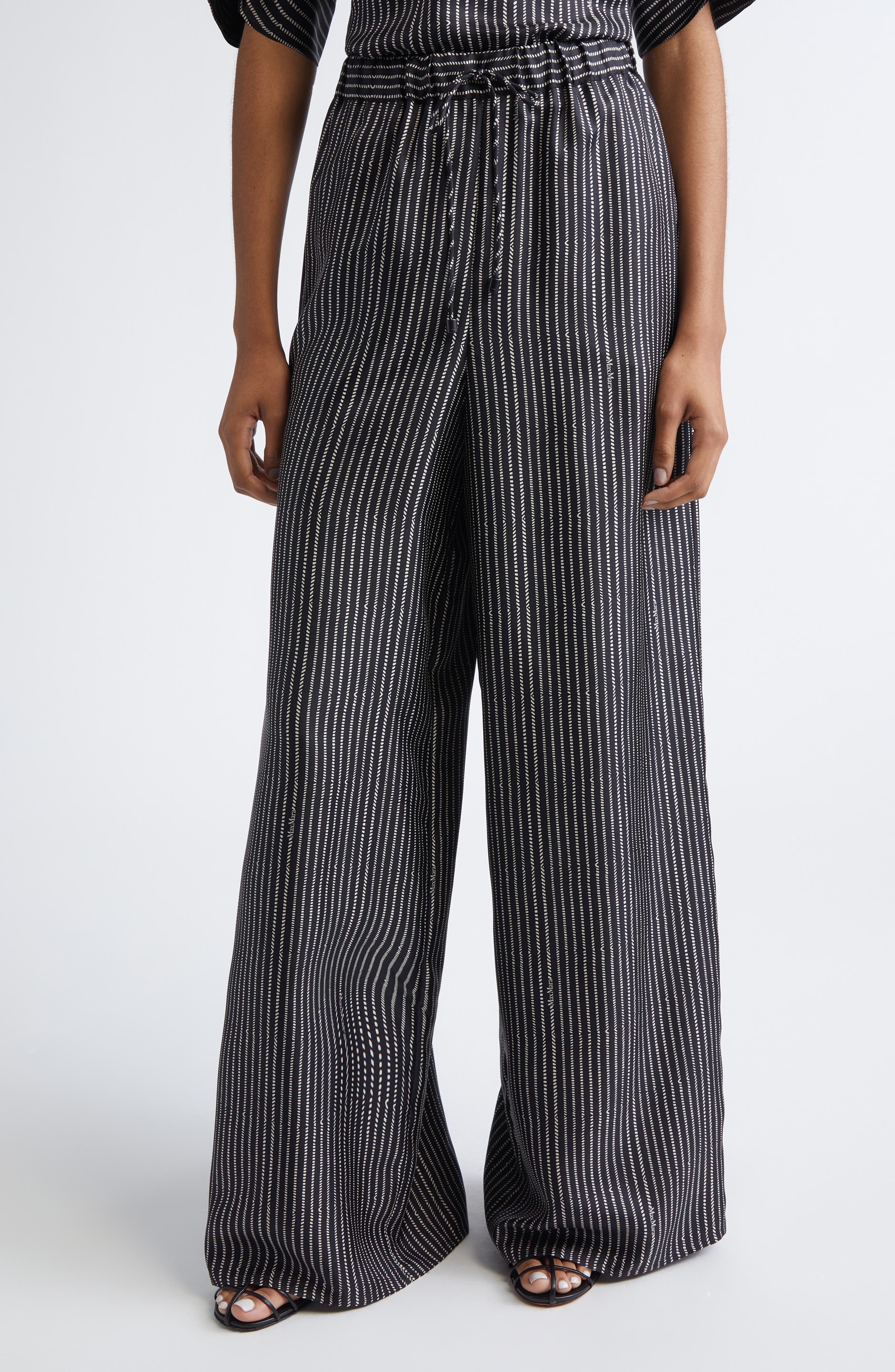 Clarino Broken Stripe High Waist Wide Leg Silk Pants (Women