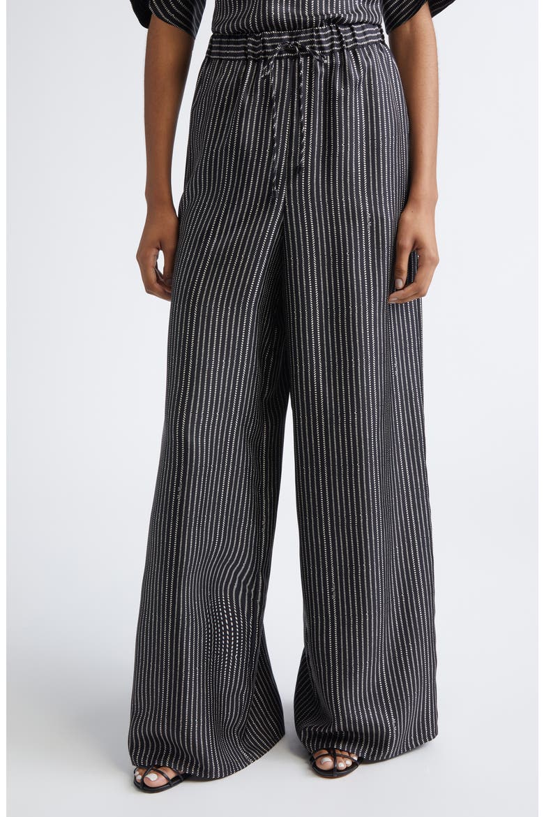 Clarino Broken Stripe High Waist Wide Leg Silk Pants, Main, color, BLACK WHITE