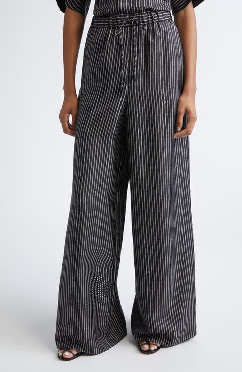 Clarino Broken Stripe High Waist Wide Leg Silk Pants