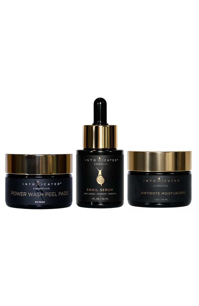 Intoxicated Cosmetics Hydration Bundle (Snail Serum, Power Wash Peel Pads, Antidote Moisturizer) | Hydrating & Anti-Aging Skincare Treatment with Vegan Snail Venom Peptide & Vegan Snail Mucin, Glycolic AHA Pads, & Fine Line Daily Moisturizer, Main, color, NO COLOR