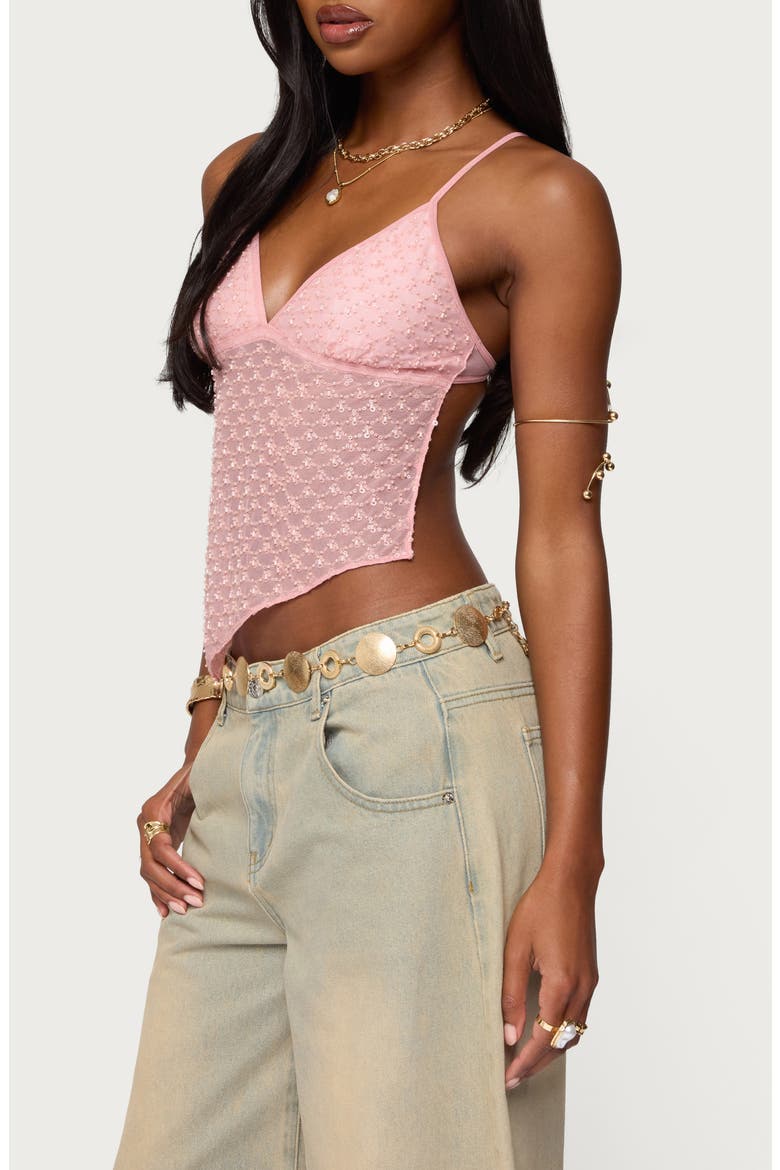 Beaded Asymmetric Open Back Mesh Top, Alternate, color, LIGHT-PINK