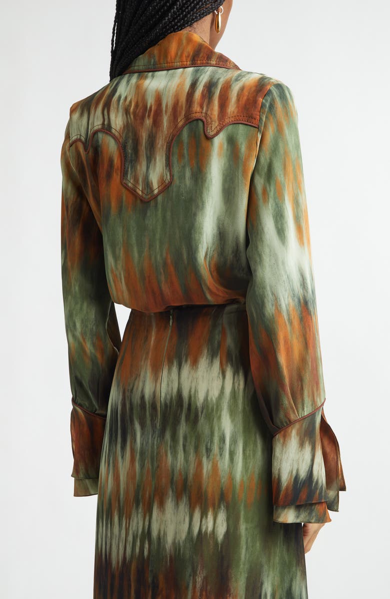 Johanna Ortiz Cabalgando Piped Silk Western Shirt, Alternate, color, Pine Green / Chocolate