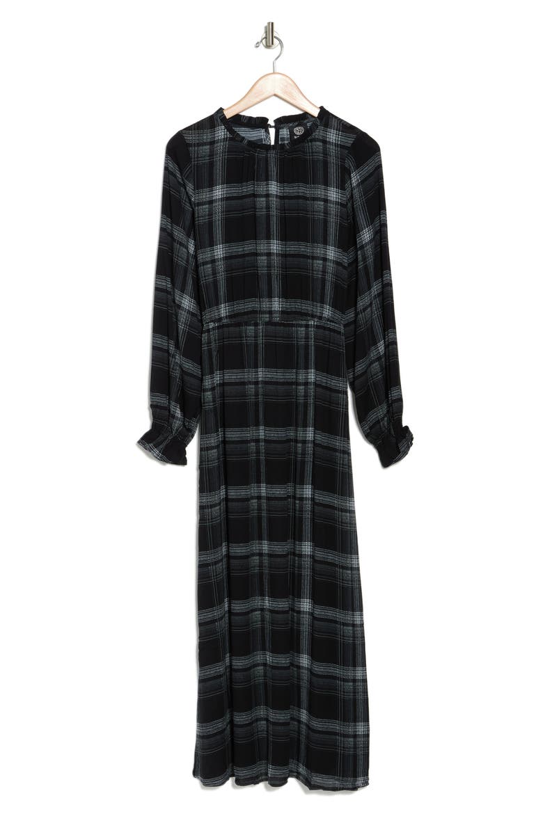 Floral Print Ruffle Long Sleeve Ankle Length Dress, Alternate, color, BLACK PLAID