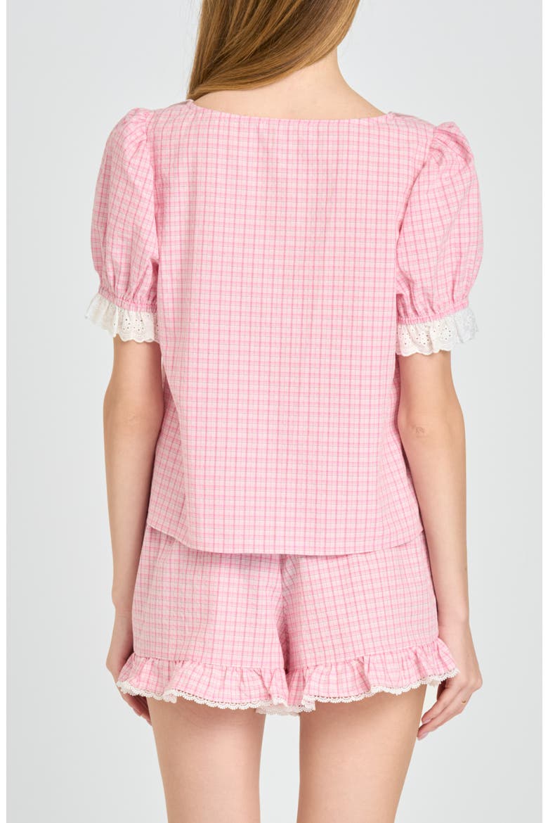 Emma Eyelet Trim Plaid Button-Up Top, Alternate, color, PINK