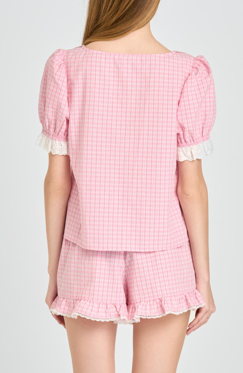 WAYF Emma Eyelet Trim Plaid Button-Up Top, Alternate, color, Pink