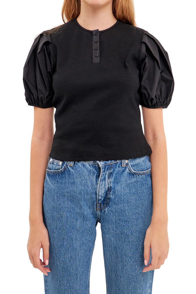 Puff Sleeve Henley, Alternate, color, BLACK