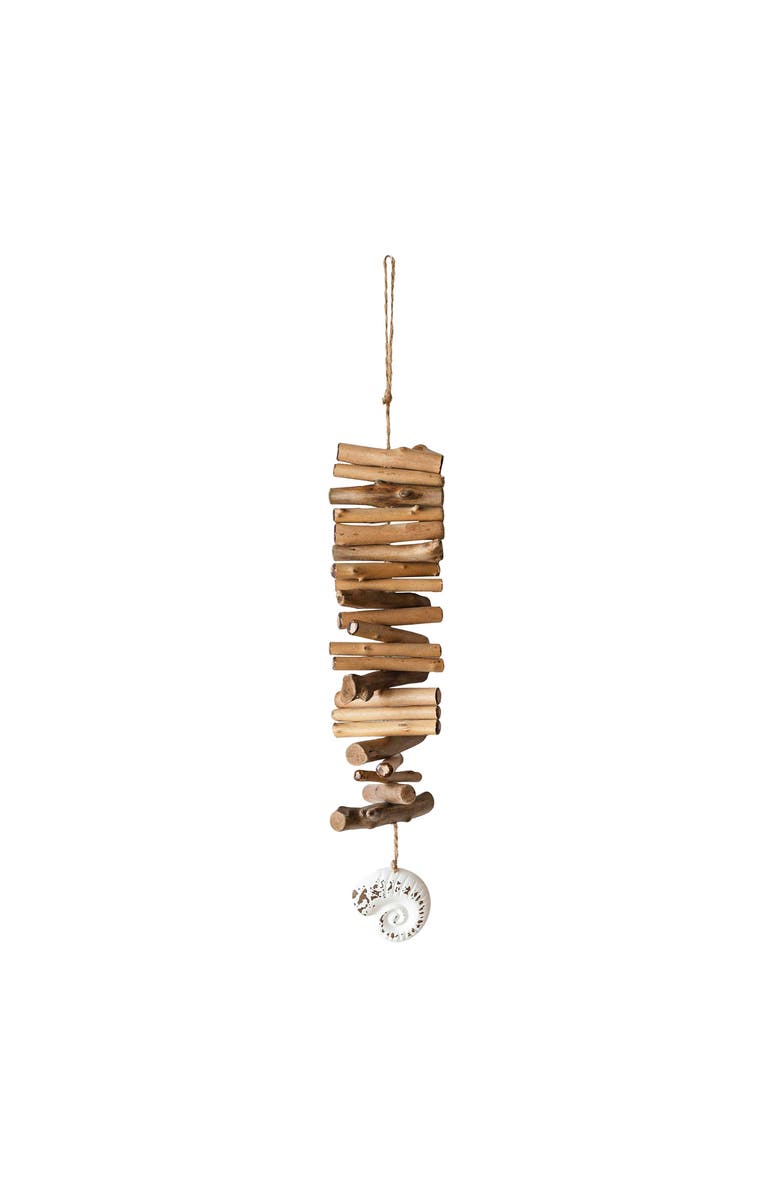 Foreside Home and Garden Seashell Driftwood Hanging Accent Natural Wood Metal & Rope, Main, color, Brown