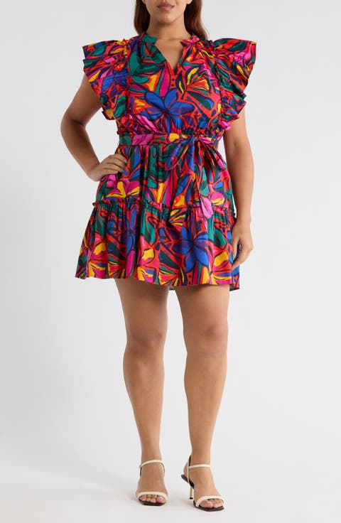 Rainbow Tropics Floral Ruffle Minidress (Plus)