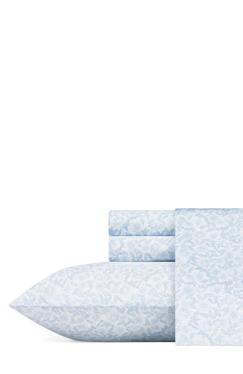 Laura Ashley Blossoming Pastel Blue Cotton Sateen Queen Sheet Set, Main, color, Pastel Blue