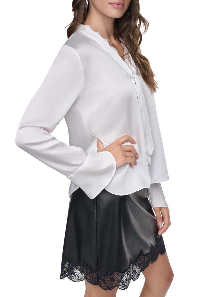 Lace Trim Tie Neck Top with Bell Sleeves, Alternate, color, IVORY