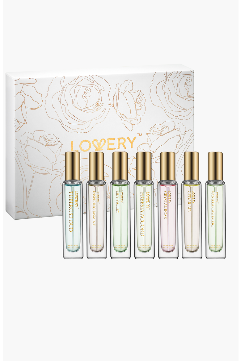 Eau de Parfum 7-Piece Gift Set with Perfume Pouches, Main, color, White / Gold