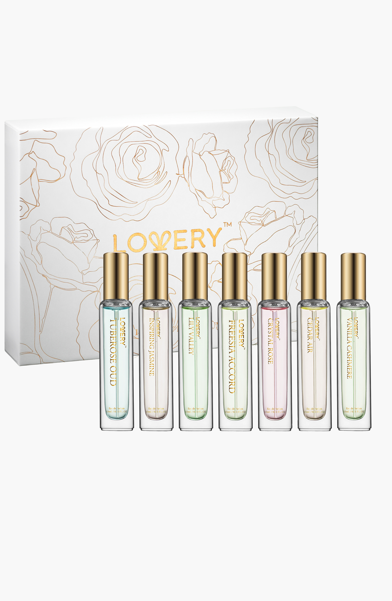 Lovery Eau de Parfum 7-Piece Gift Set with Perfume Pouches, Main, color, White / Gold