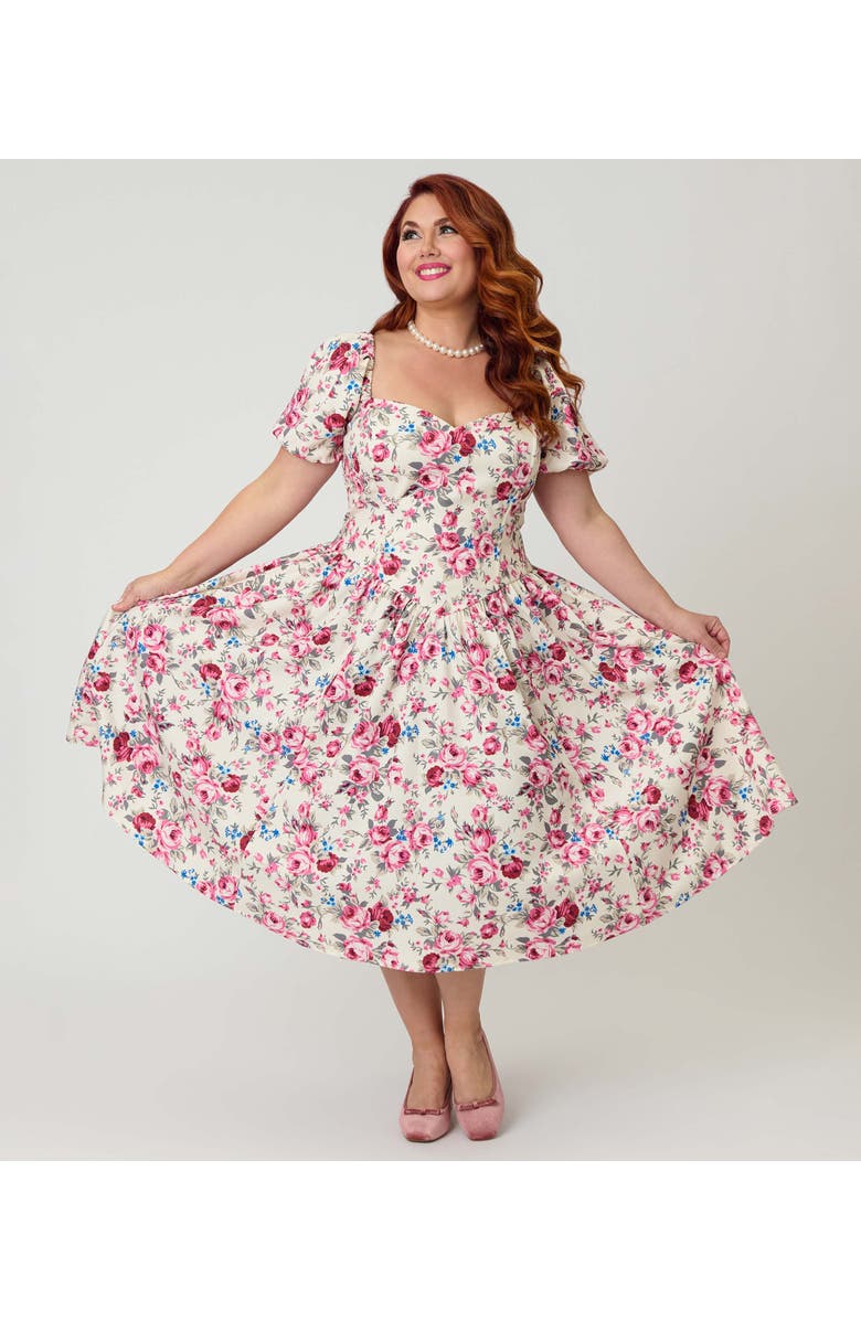 Smak Parlour Plus Size Puff Sleeve Swing Dress, Alternate, color, White W/ Floral Print