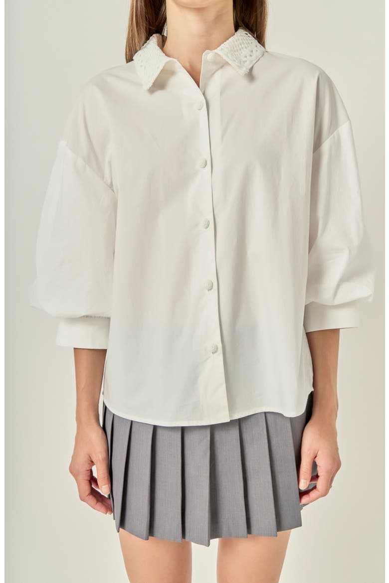 Lace Trim Blouson Sleeve Cotton Button-Up Shirt, Alternate, color, WHITE